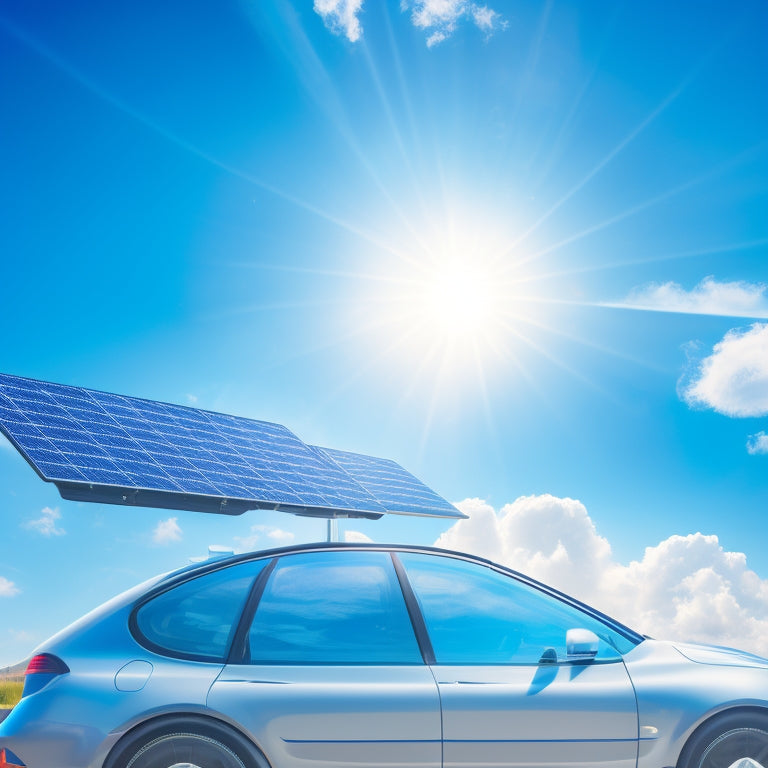 A stylized illustration of a solar panel integrated into a sleek, futuristic car's roof, set against a bright blue sky with fluffy white clouds, surrounded by minimalist ecommerce icons.