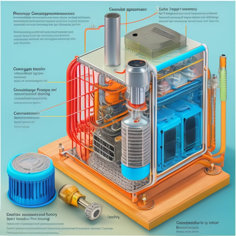 An illustration of a heat pump's internal components, including a compressor, condenser, and evaporator, surrounded by a thermometer, gears, and a grid of numbers, with arrows and lines indicating energy flow.