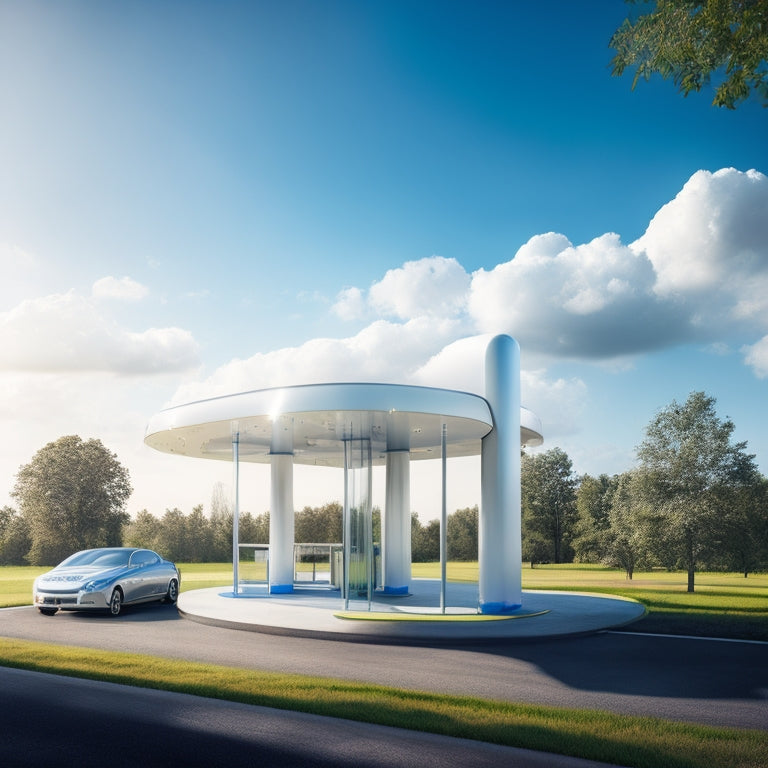 A futuristic, modern EV charging station with sleek, silver pillars and a curved, translucent roof, surrounded by lush greenery and a bright blue sky with a few puffy white clouds.