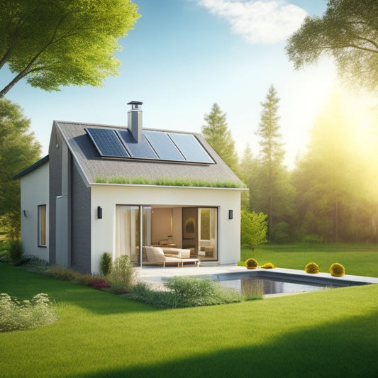 An illustration of a modern, eco-friendly home with a geothermal heat pump system visible in the backyard, surrounded by lush greenery and a subtle background of a sunny sky.