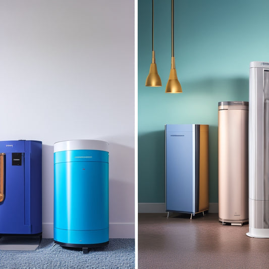 A split-screen image featuring five modern heat pump water heaters with varying designs, sizes, and colors, set against a neutral background with subtle gradient effects to highlight their eco-friendly features.