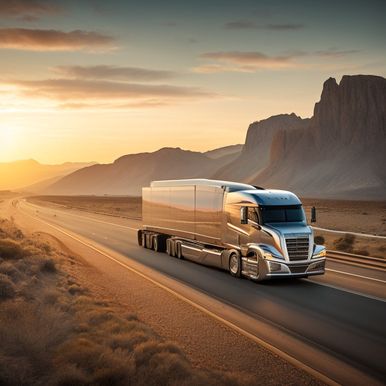 A futuristic, silver bullet-shaped semi-truck, the Ecascadia, speeding down a sleek, modern highway at sunset, surrounded by blurred cityscapes and distant mountains.