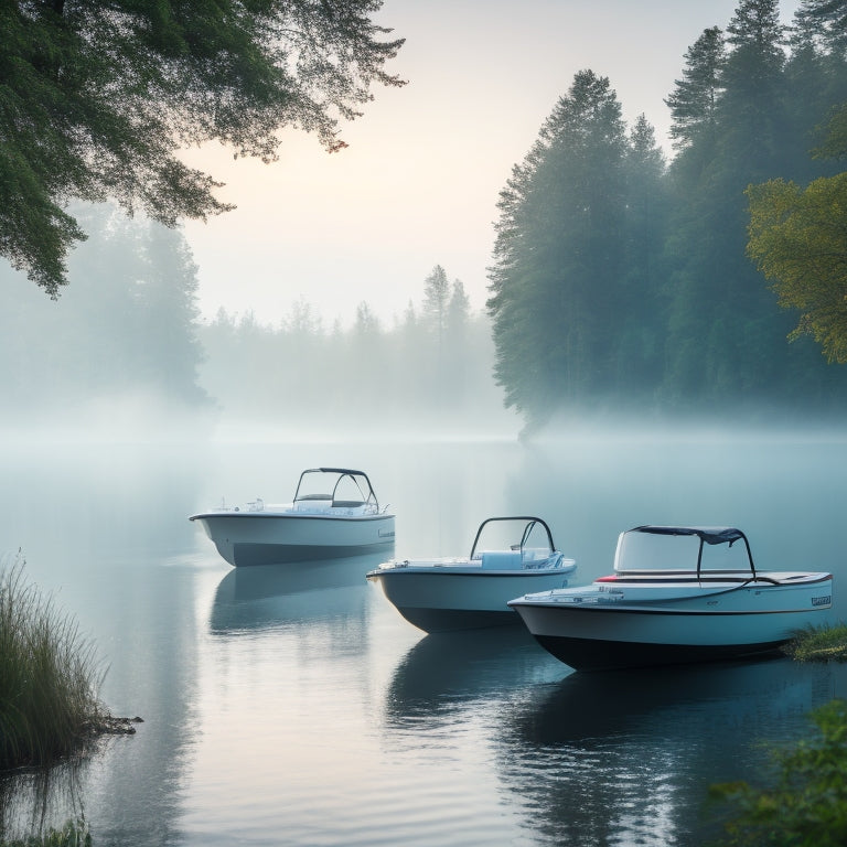 A serene lake scene at dawn, with mist rising off the water, featuring three sleek, shiny electric outboard motors mounted on boats, with lush greenery and trees in the background.