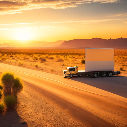 A serene desert landscape with a parked semi-truck, its trailer roof covered in sleek, black solar panels, angled to absorb the bright, golden sunlight casting a warm glow.