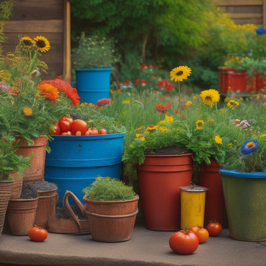 A lush, vibrant garden with ripe tomatoes and blooming flowers, surrounded by a border of repurposed household items like old boots, tea cups, and wooden crates, with a compost bin in the background.