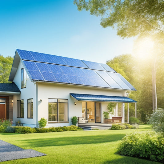 A serene suburban home with solar panels on the roof, surrounded by lush greenery, with a bright blue sky and fluffy white clouds, and a subtle sparkle effect on the panels.