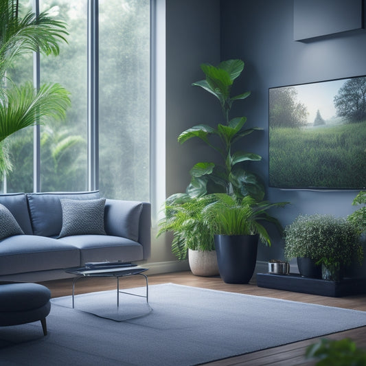 A serene living room with a sleek, silver hydrogen fuel cell system in the corner, surrounded by lush green plants, with a faint glow of blue light emanating from the device.