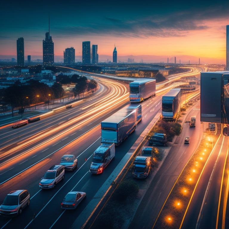 A futuristic cityscape at dusk with sleek, electric commercial vehicles (trucks, vans, buses) moving along a highway, surrounded by a network of glowing, circuit-like roads and buildings.