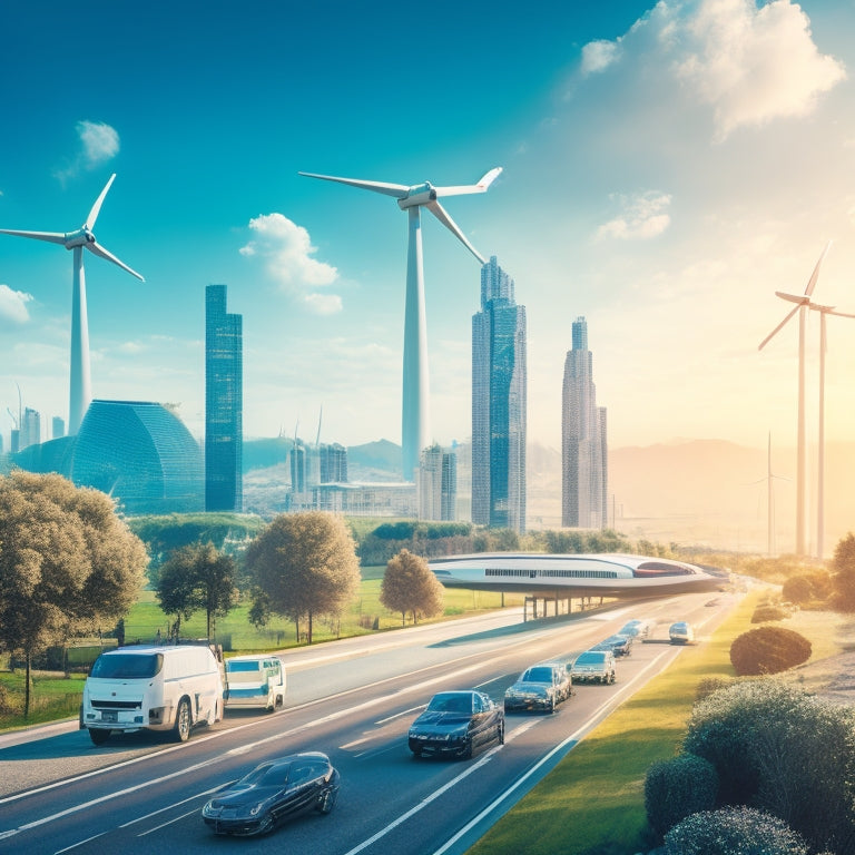 An illustration of a futuristic cityscape with sleek, electric vehicles zipping by, surrounded by lush greenery, wind turbines, and solar panels, under a bright blue, pollution-free sky.