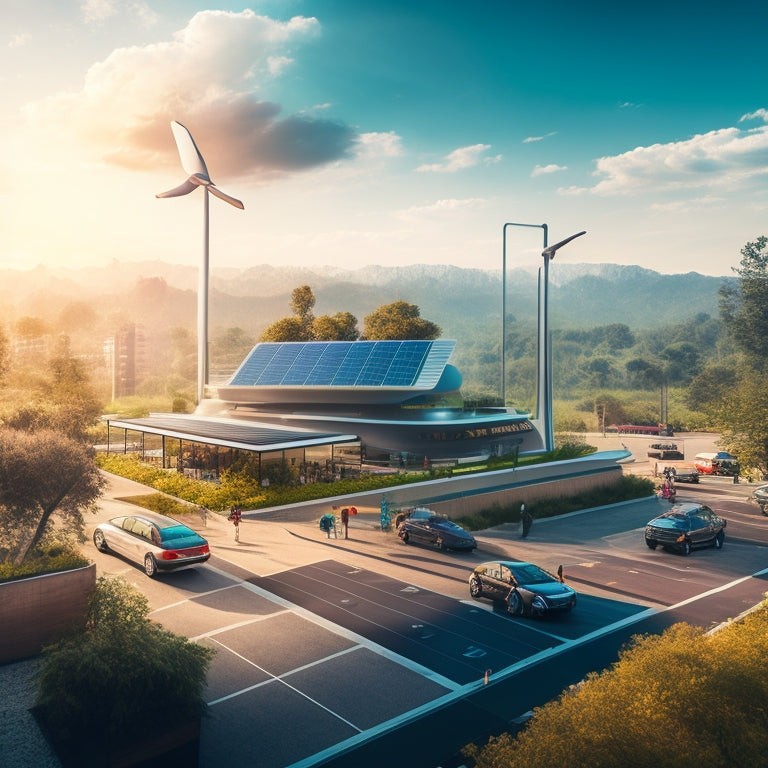 An illustration of a futuristic Haryana cityscape with electric vehicles zooming past, solar panels on rooftops, and a giant electric charging station in the foreground, surrounded by lush greenery.