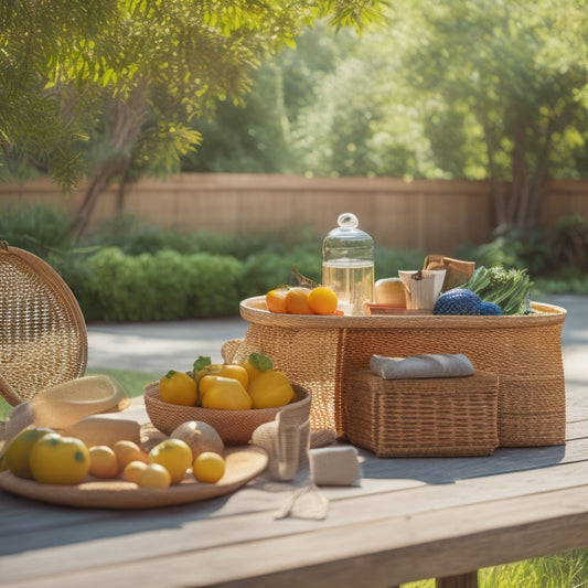 A serene outdoor setting with a solar panel in the background, surrounded by a woven bamboo basket filled with eco-friendly utensils, a bamboo cutting board, and a few fresh fruits and vegetables.