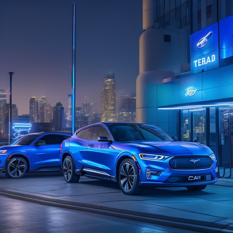 A futuristic cityscape with a Ford Mustang Mach-E and Ford F-150 Lightning parked in front of a sleek, modern charging station, with glowing blue accents and neon lights reflecting off the cars' sleek bodies.