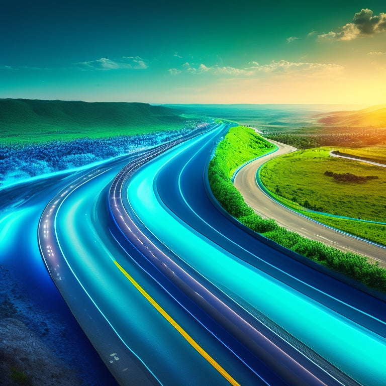 A stylized globe with glowing blue roads and highways, surrounded by swirling electrons, with sleek, futuristic electric vehicles zooming by, amidst a subtle, gradient green background, symbolizing eco-friendliness.