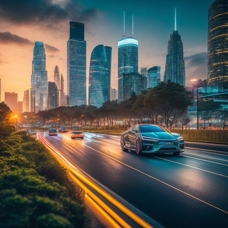 A futuristic cityscape at dusk with sleek, glowing electric cars zooming past vibrant neon lights, amidst towering skyscrapers and lush greenery, evoking a sense of innovation and eco-friendliness.