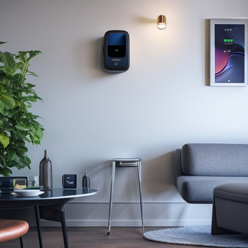 A modern living room with a sleek, wall-mounted EV charger, a smartphone displaying a battery health app, and a compact, futuristic-looking battery monitoring device on a nearby shelf.