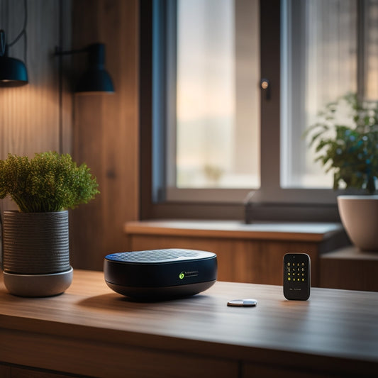 A sleek, modern smart home interior with an Alexa-enabled energy tracker device on a minimalist wooden table, surrounded by subtle LED lights and a faint grid of energy usage data in the background.
