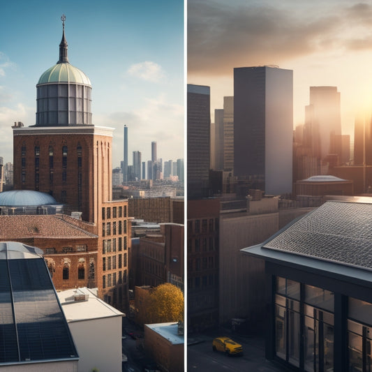 An illustration of a cityscape with two identical buildings, one with a dark grey roof and the other with a bright white cool roof, surrounded by sunbeams and contrasting temperature gauges.