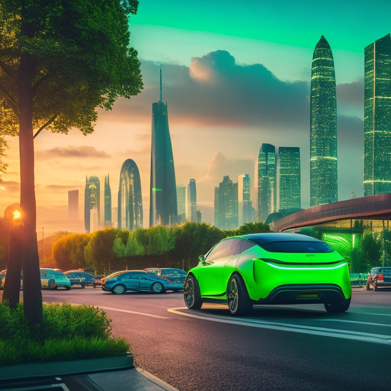 A futuristic cityscape at dusk with sleek, electric vehicles in various shades of green, parked and driving by, surrounded by lush greenery and a blurred, neon-lit city skyline.