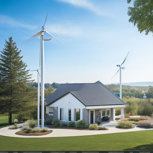 A serene, modern suburban neighborhood with 3-4 homes, each featuring a sleek, compact vertical wind turbine (approx. 10-15 ft tall) installed on the roof, surrounded by lush greenery and clear blue sky.