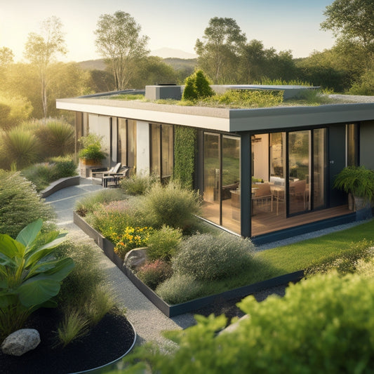 A modern, eco-friendly home with a lush green roof, solar panels, and a greywater recycling system visible through a transparent wall, surrounded by thriving plants and a serene outdoor space.