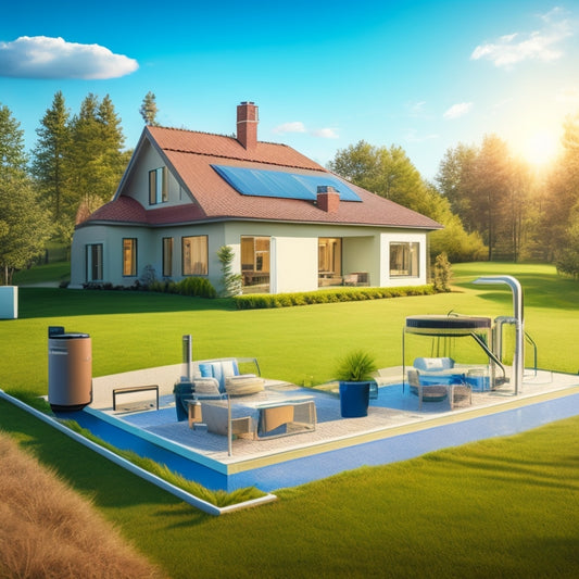 An illustration depicting a modern home with a geothermal heat pump system, showcasing excavation for underground pipes, a heat exchanger, and a thermostat, set against a serene natural background with greenery and a sunny sky.