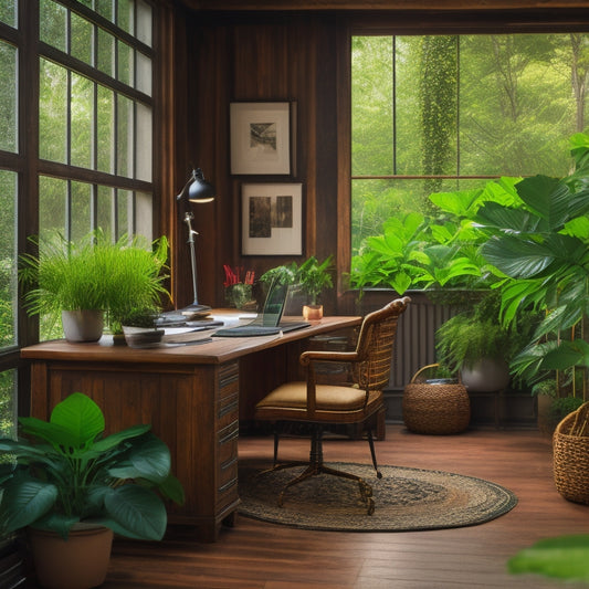 A serene home office with a reclaimed wood desk, surrounded by lush greenery, featuring a floor made of rich, dark bamboo, with a subtle texture and natural grain pattern.