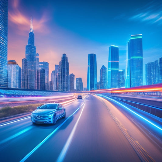 A futuristic cityscape with sleek, aerodynamic electric hybrid vehicles zooming by, surrounded by neon-lit skyscrapers and a blurred, motion-filled highway, set against a vibrant, electric blue sky.