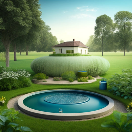 An illustration of a house with a greywater recycling system, showcasing a garden irrigated by a pipe with water droplets, surrounded by lush greenery, with a subtle background of a water-testing laboratory.