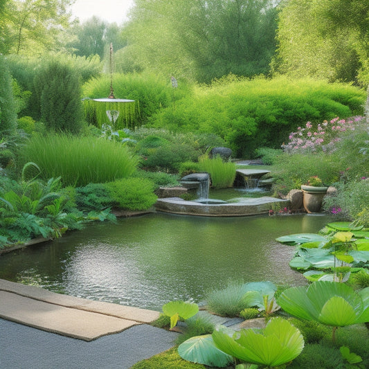 A serene backyard scene featuring a lush green garden, a small pond with water lilies, and a discreet greywater system setup with pipes, tanks, and a subtle trellis, amidst a warm sunny atmosphere.