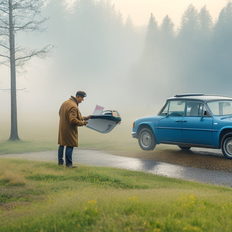 A serene, misty morning landscape with a used electric vehicle in the foreground, surrounded by scattered documents, a magnifying glass, and a concerned buyer in the background, inspecting the car.