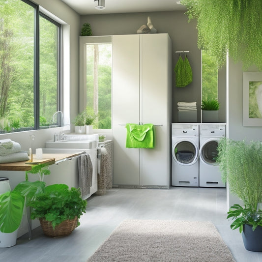 A serene, modern laundry room with a sleek, silver recycling system in the corner, surrounded by lush green plants and a few strategically placed water droplets, symbolizing eco-friendliness.