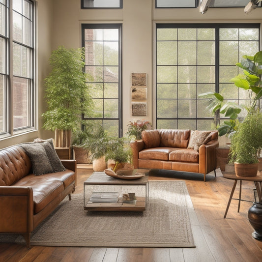 A spacious, naturally lit living room with polished reclaimed wood floors in a warm, honey-brown tone, surrounded by sleek, modern furniture and lush green plants, against a backdrop of large windows.