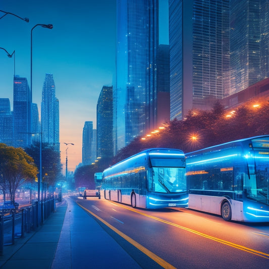 A futuristic, high-tech illustration of a cityscape at dusk, with sleek, electric buses and vans moving in sync, surrounded by glowing blue lines and nodes, symbolizing efficient fleet planning and connectivity.