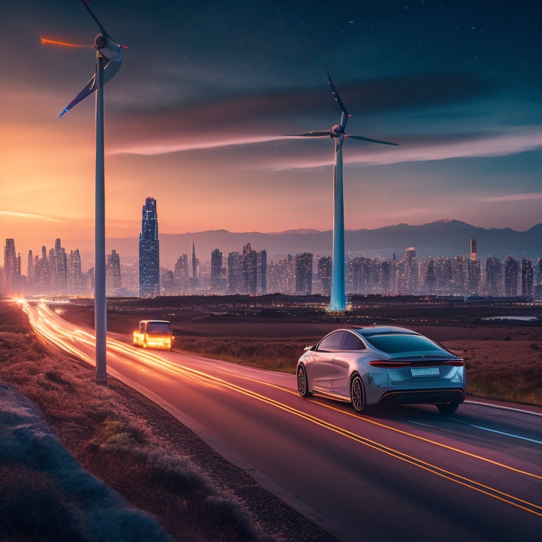 A futuristic cityscape at dusk with sleek, silver electric cars zipping past, their LED lights glowing, amidst a backdrop of wind turbines, solar panels, and a bright, starry night sky.