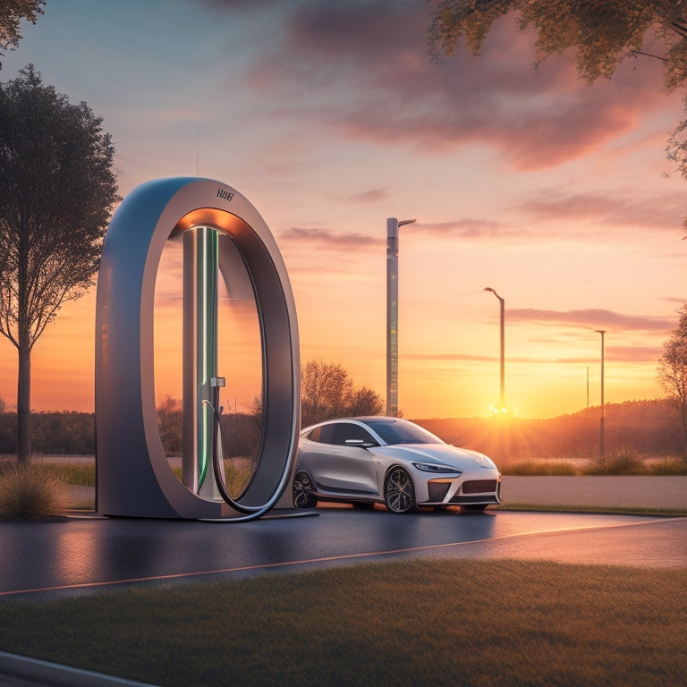 A futuristic EV charging station at sunset, with sleek, curved lines, illuminated LED lights, and a modern, minimalist design, surrounded by lush greenery and a subtle cityscape in the background.