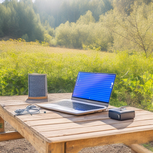 A laptop placed on a wooden outdoor table, surrounded by lush greenery, with a portable solar panel resting beside it, connected by a cable, under a clear blue sky with a few wispy clouds.