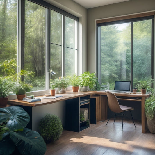 An image of a modern home office with old, single-pane windows replaced by new, energy-efficient, double-pane windows with a subtle glow, surrounded by lush greenery and a sunny, bright atmosphere.