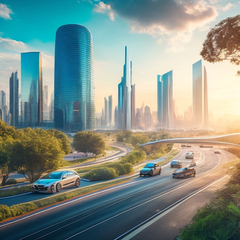 A futuristic cityscape with sleek, eco-friendly skyscrapers, greenery-infused streets, and a highway filled with diverse electric vehicles, including cars, buses, and motorcycles, under a bright blue, pollution-free sky.