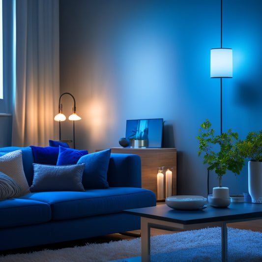 A serene, modern living room with a tablet displaying a smart home app, surrounded by dimmable lamps and LED bulbs, with a subtle gradient of blue hues, conveying energy efficiency and innovative technology.