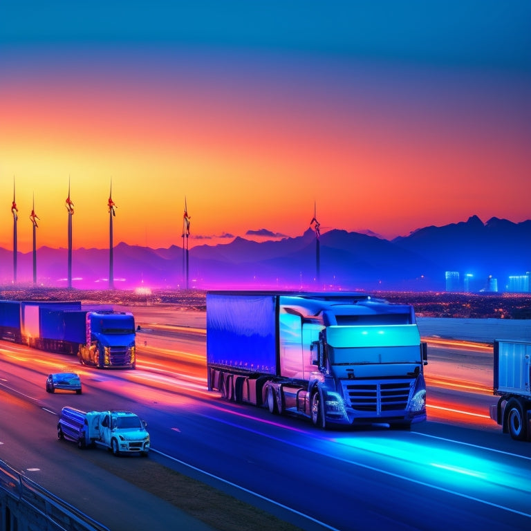 A futuristic, high-tech highway scene at sunset with 7 sleek, electric semi-trucks parked in a row, each with glowing blue accents, amidst a backdrop of city skyscrapers and wind turbines.