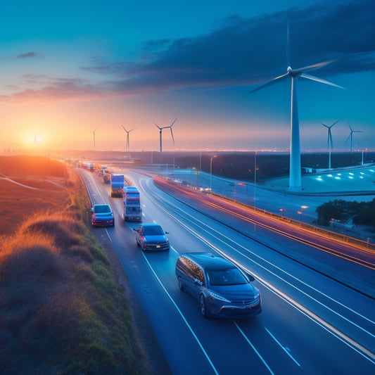 A futuristic highway scene at dusk, with diverse people in motion, surrounded by sleek, glowing electric vehicles in shades of blue and silver, amidst a cityscape with wind turbines and greenery.
