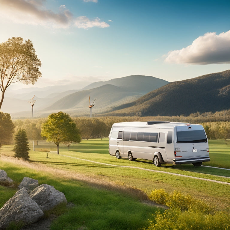 A serene, sunny landscape with a sleek, eco-friendly van parked amidst lush greenery, solar panels on its roof, and a few wind turbines spinning gently in the background.