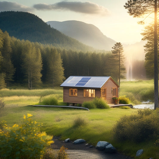 A serene landscape with a small, sustainable cabin in the background, surrounded by lush greenery, with a subtle steam vent rising from the ground, and a few solar panels discreetly integrated into the scenery.