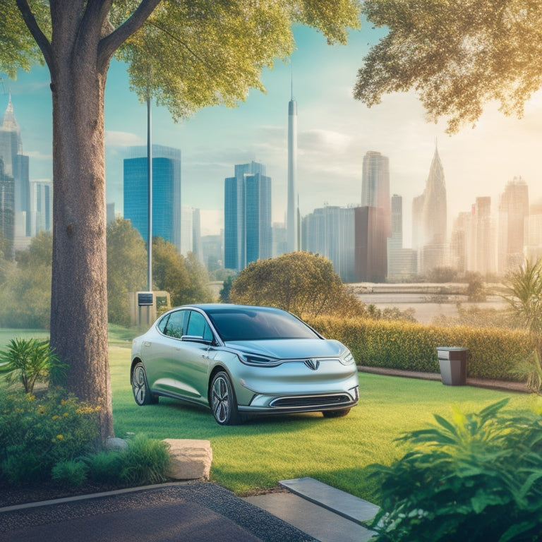 A stylized illustration depicting a sleek, silver electric vehicle plugged into a charging station, surrounded by lush greenery, with a subtle cityscape in the background, incorporating eco-friendly elements.