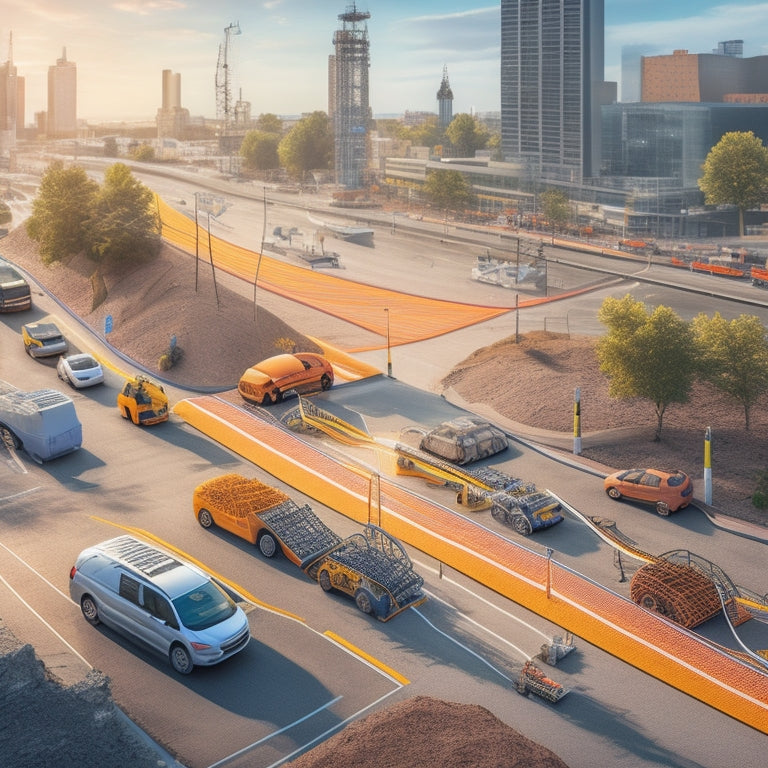 An illustration of a cityscape with electric vehicles parked at charging stations, with visible cables and charging points, surrounded by construction cones and excavators, with a subtle grid of electrical lines and circuits in the background.