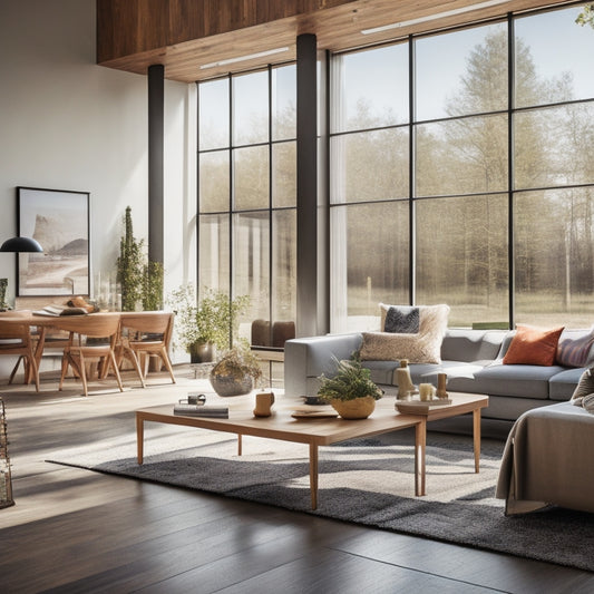 A serene, modern living room with sleek solar panels on the roof, reflected in a floor-to-ceiling window, surrounded by minimalist, eco-friendly furniture with natural fabrics and reclaimed wood accents.