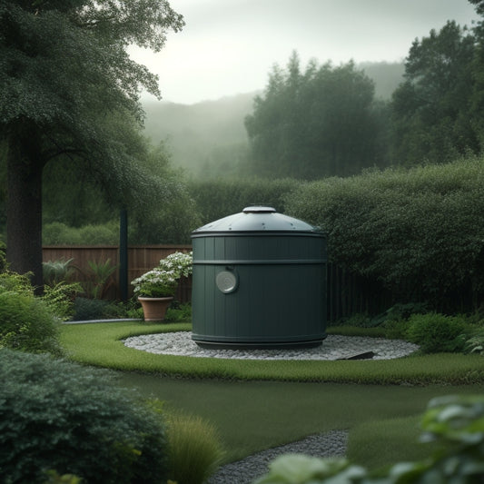 A serene backyard scene with a rainwater harvesting system: a large, dark-green tank surrounded by lush greenery, with a few raindrops falling from a grey sky, and a subtle hint of a garden hose in the corner.