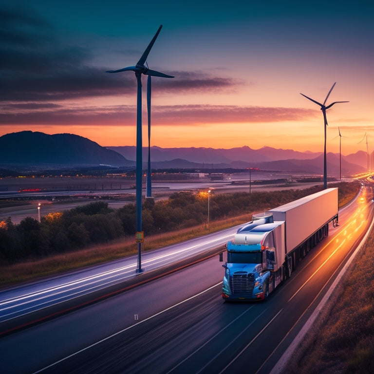 A futuristic highway scene at dusk, with sleek, aerodynamic electric trucks in various colors zooming past, surrounded by blurred cityscape and towering wind turbines in the background.