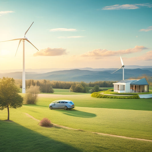 A serene landscape with a modern home in the distance, surrounded by lush greenery, featuring a prominent wind turbine spinning gently in the breeze, with a subtle sun shining down.