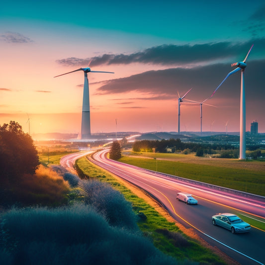 A futuristic cityscape at dusk with sleek, aerodynamic electric vehicles zooming by, their LED lights illuminating the highway, surrounded by lush greenery and wind turbines in the distance.